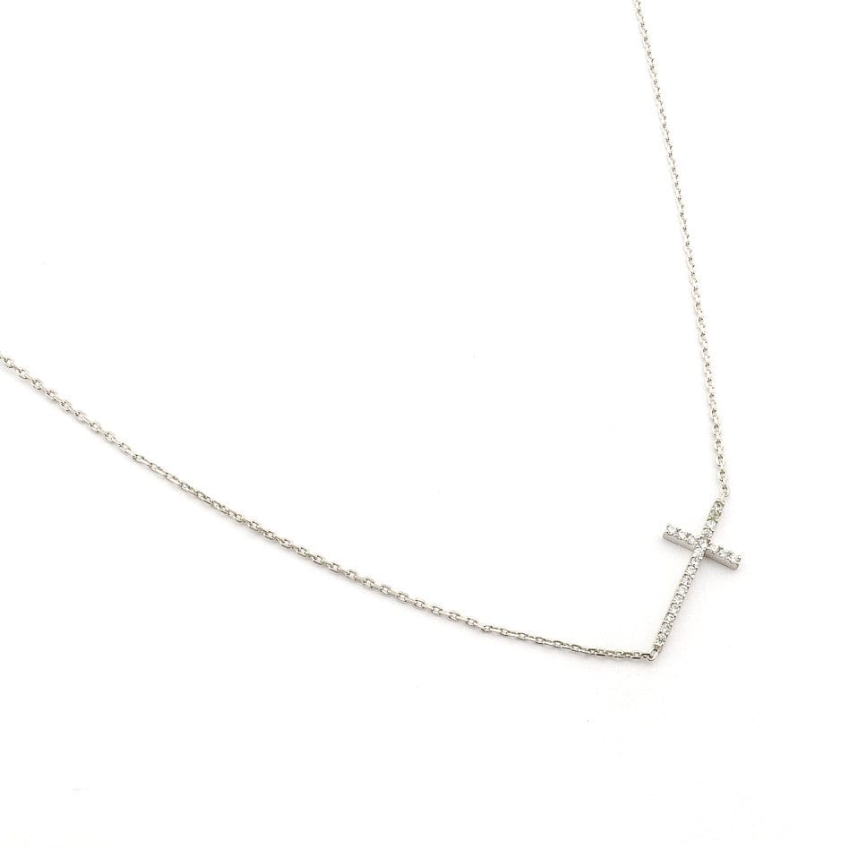 TAI JEWELRY Necklace Silver Horizontal Cross With Pave Cz Accents