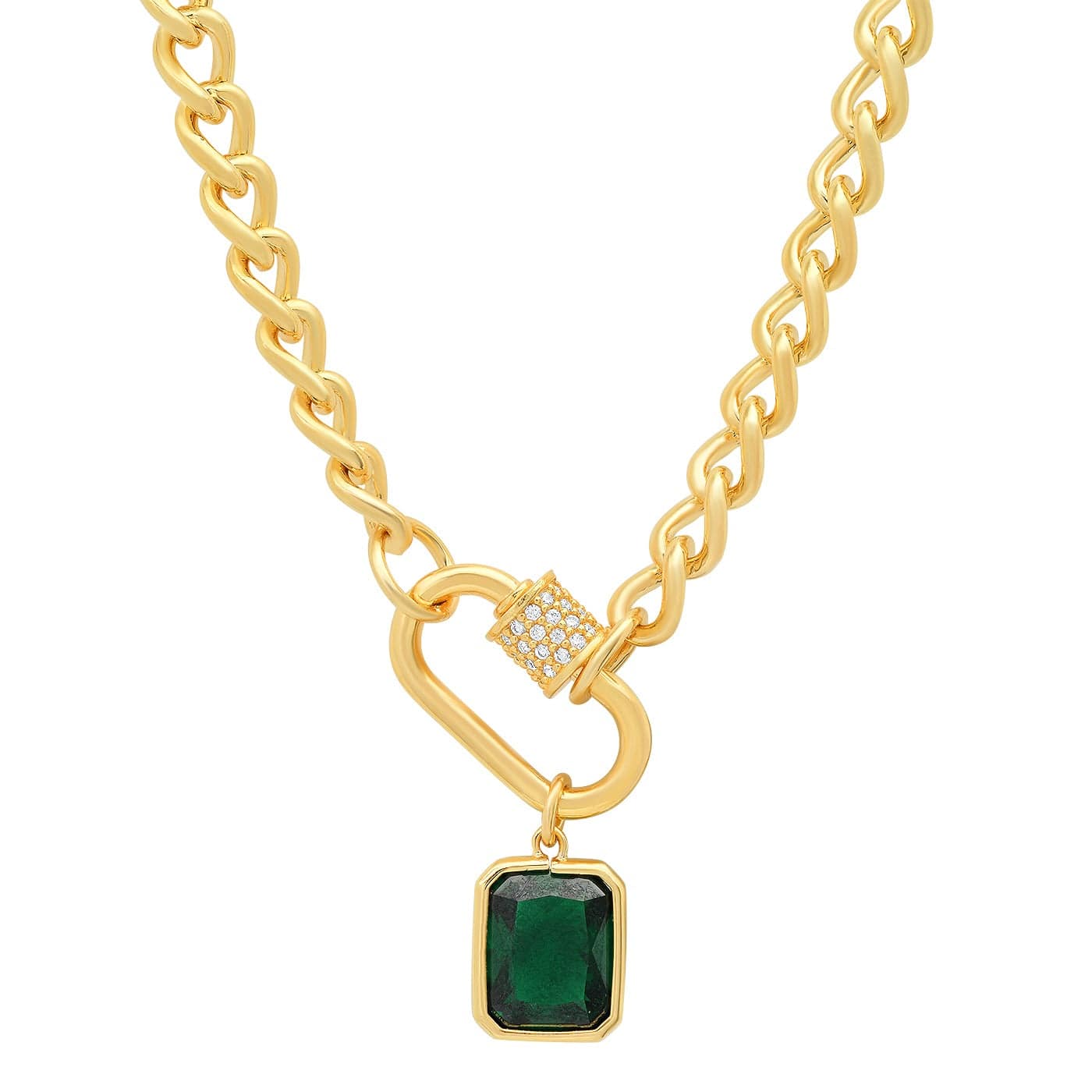 TAI JEWELRY Necklace Pavé Lock With Emerald Charm Gold Link Necklace